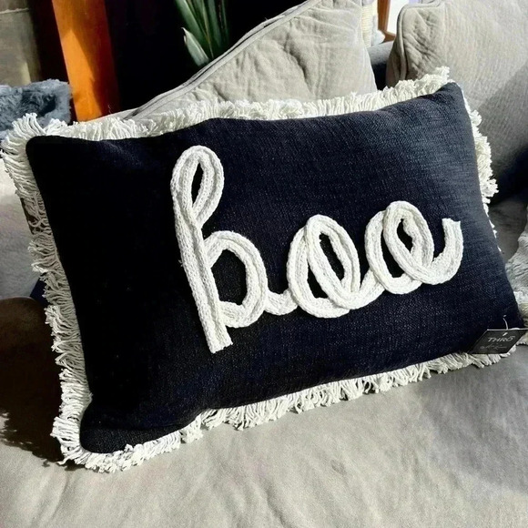 NEW Gorgeous BOO Embroidered Textured Yarn Accent Throw Pillow with fringe - Picture 3 of 10
